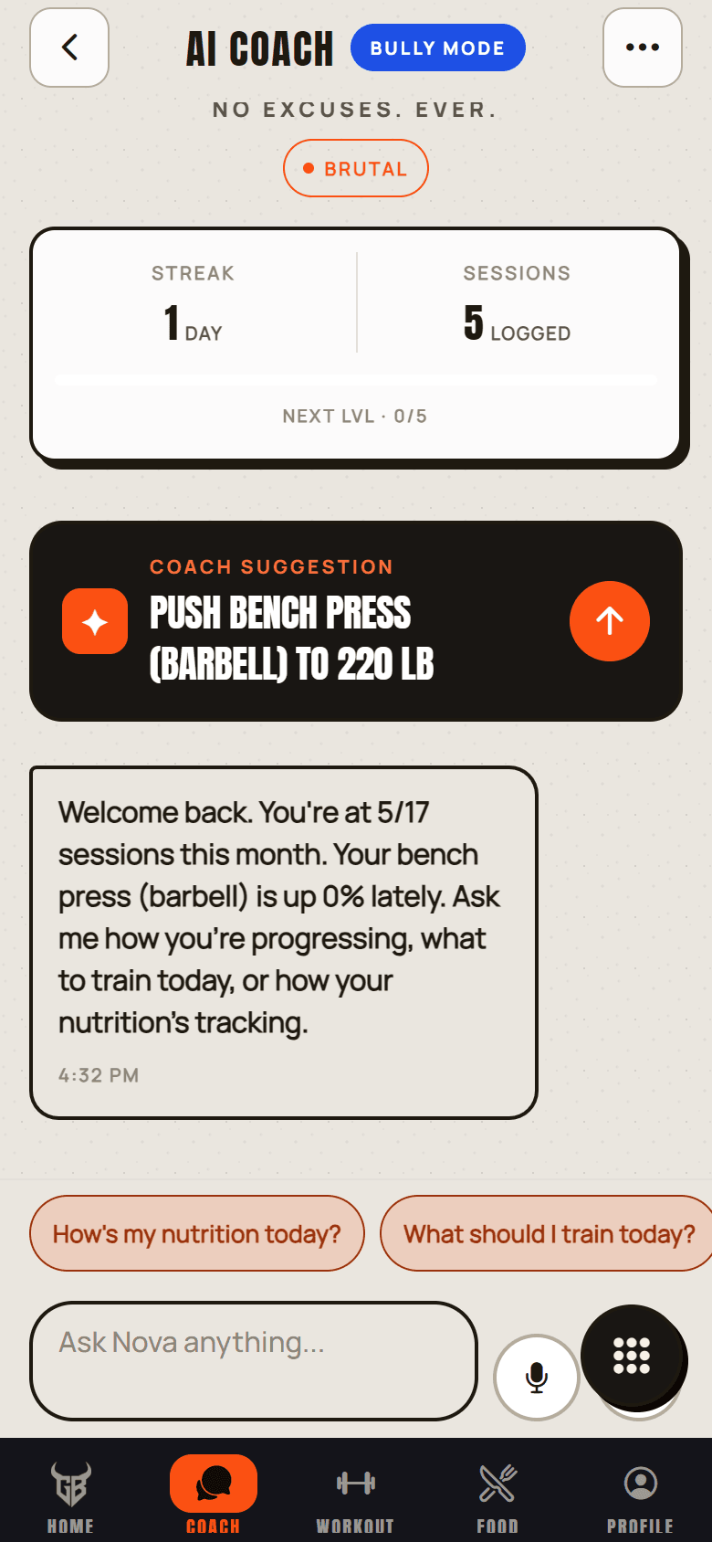 GYM BULLY AI Coach screen in Bully Mode with a coach suggestion and chat