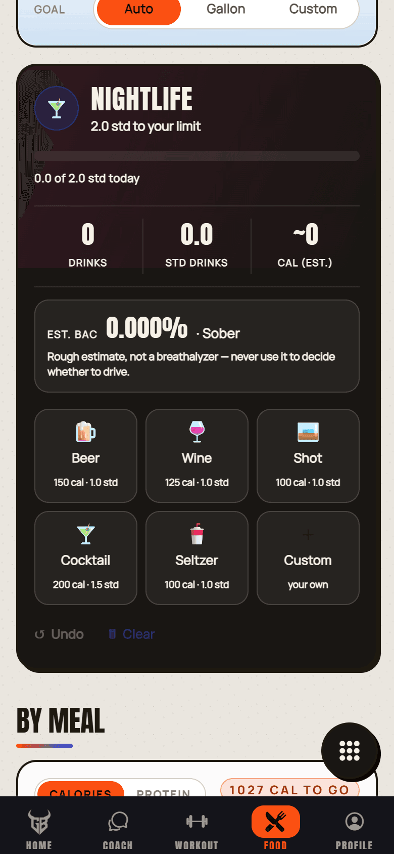 GYM BULLY Nightlife tracker with drink limit meter, BAC estimate, and drink presets