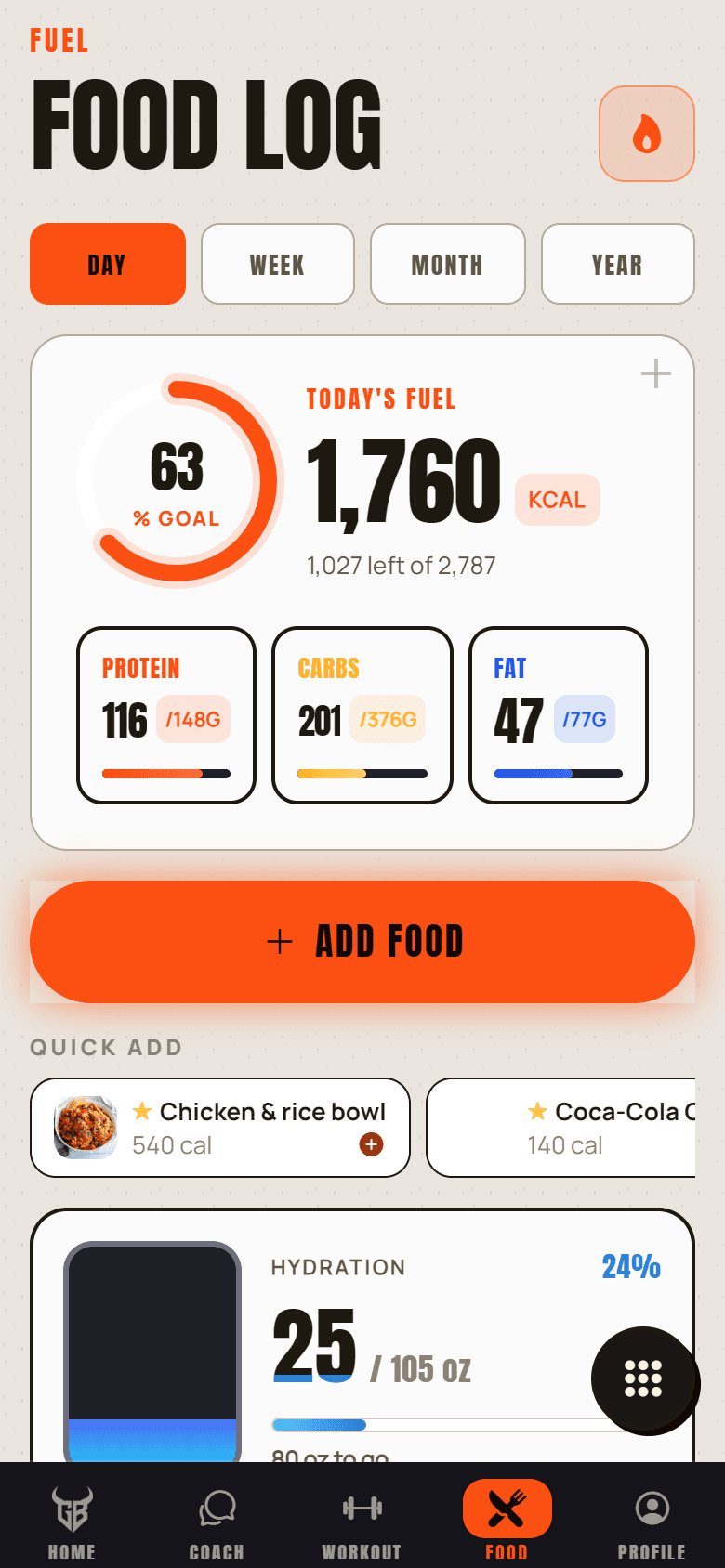 GYM BULLY Food Log with calorie ring, macros, and quick add meals