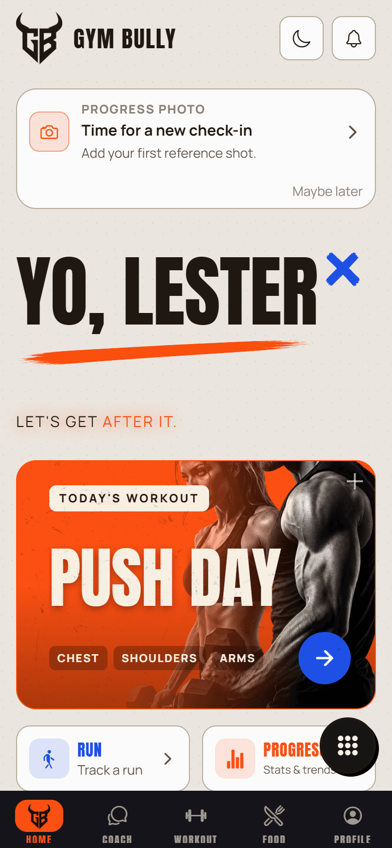 GYM BULLY app Home screen with today's workout and quick actions