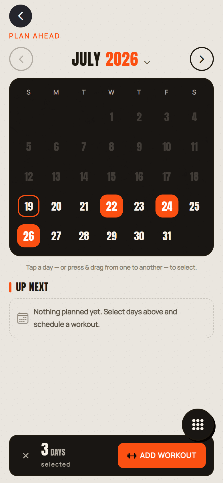 GYM BULLY plan-ahead month calendar with three days selected to schedule