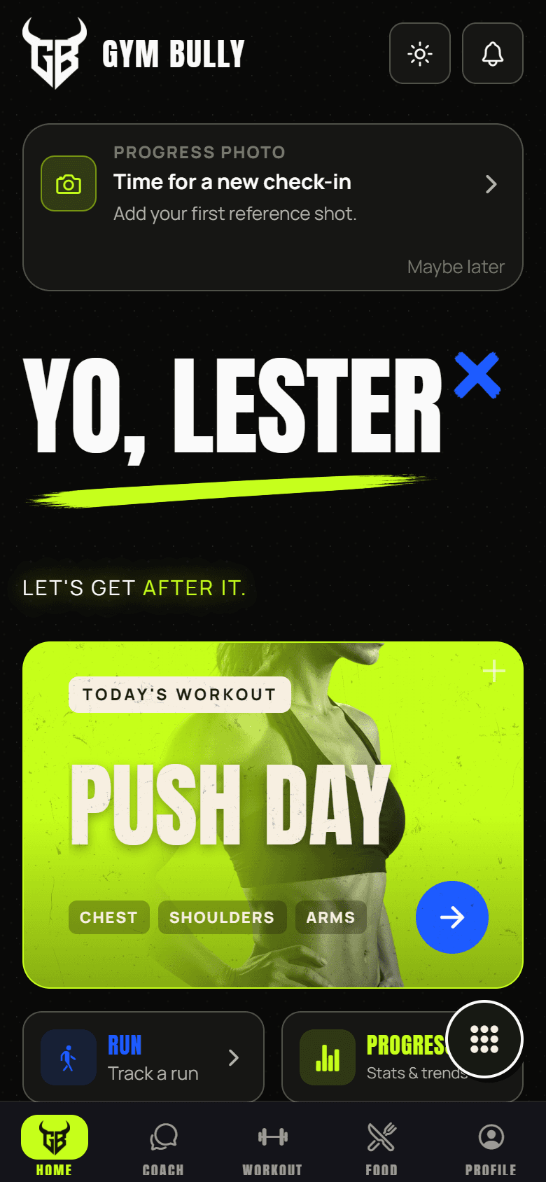 GYM BULLY Home screen in the Acid Lime theme