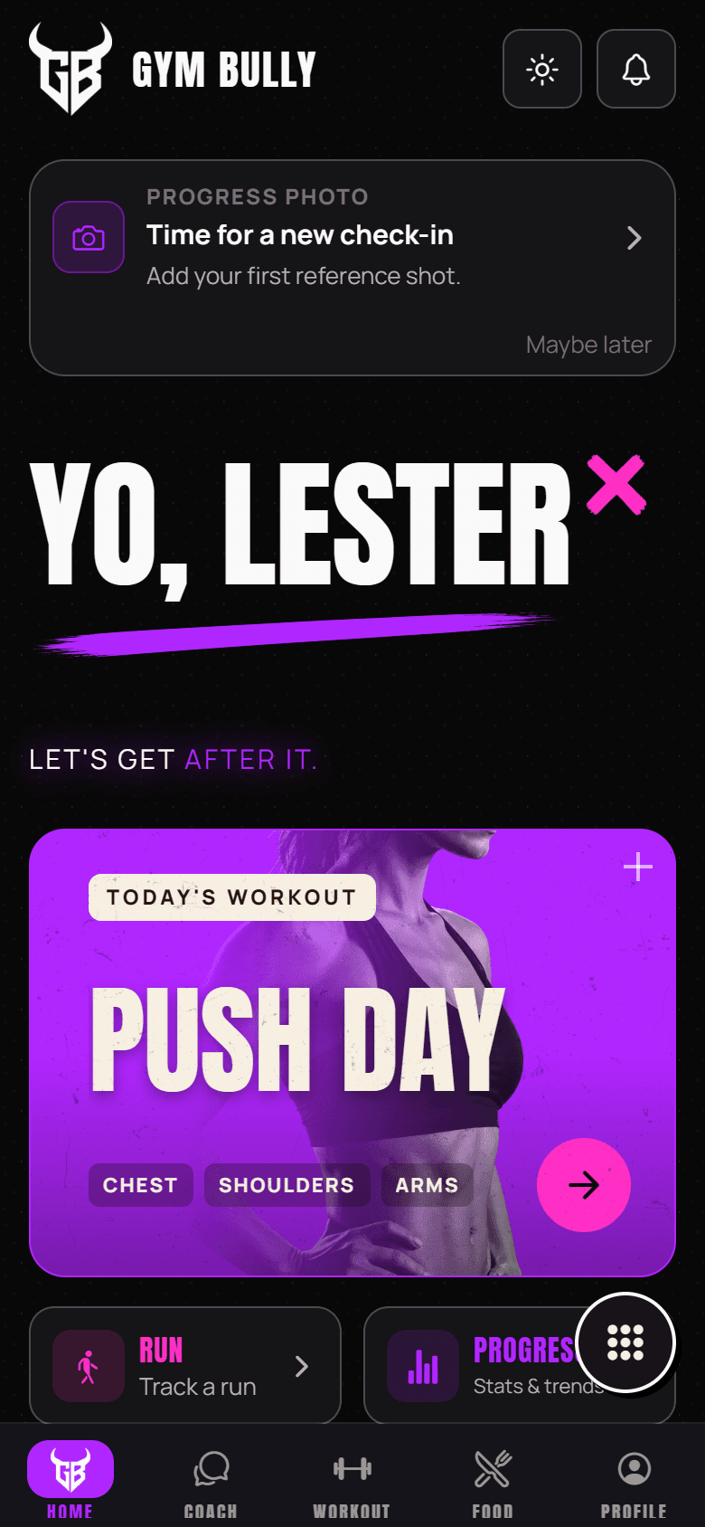 GYM BULLY Home screen in the Neon Night theme