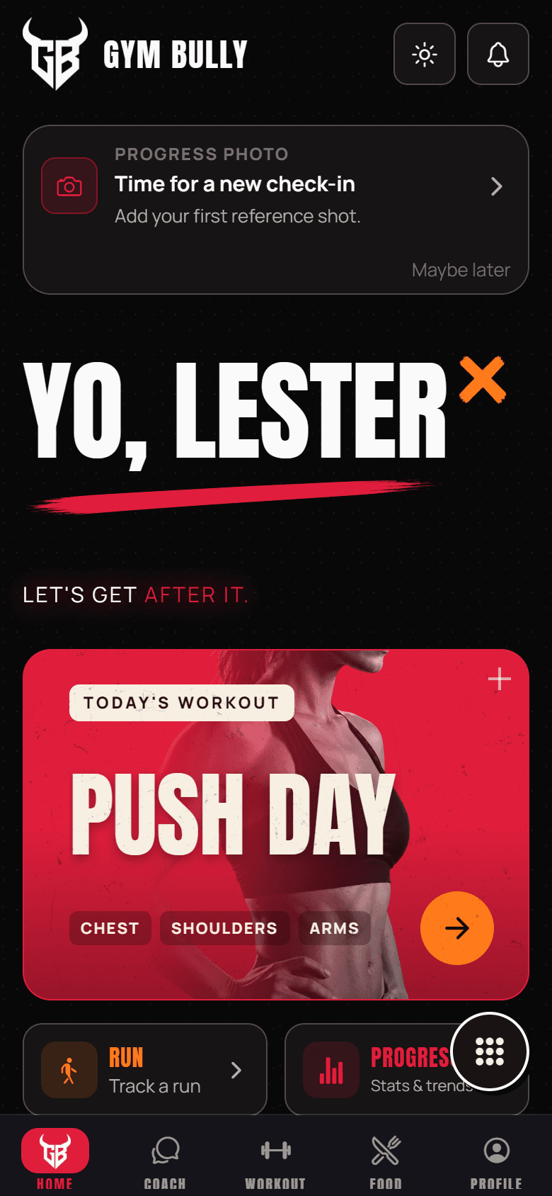 GYM BULLY Home screen in the Night Ember theme