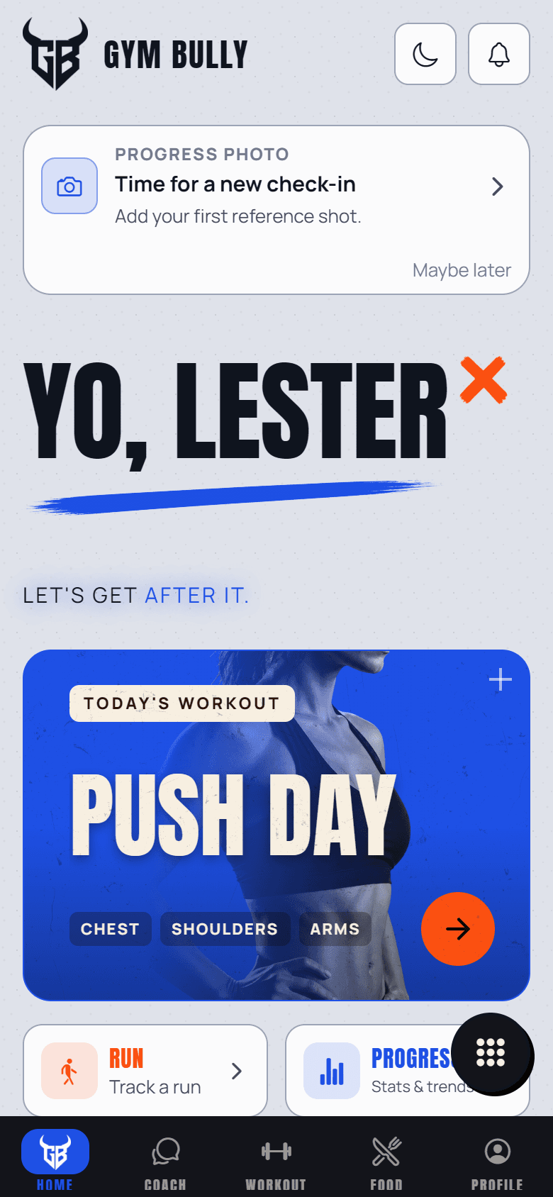 GYM BULLY Home screen in the Paper Cobalt theme